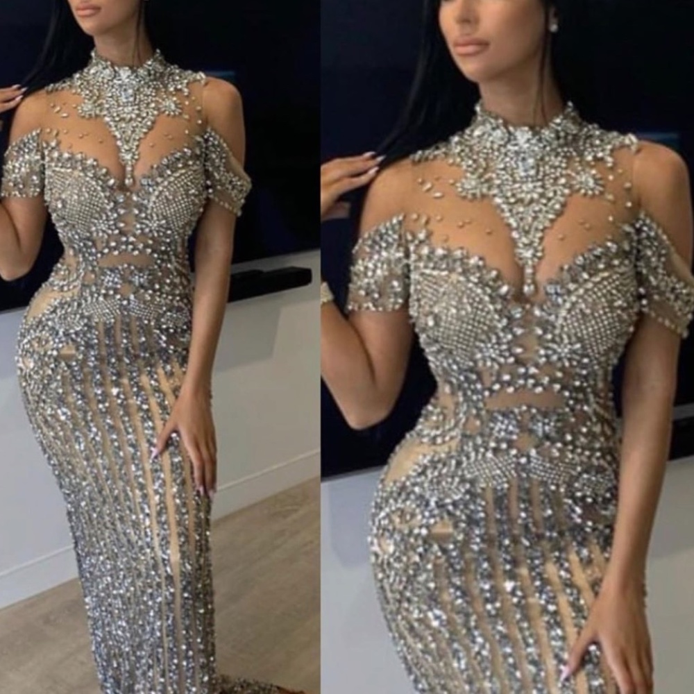 PORTIA AND SCARLETT BEADED NUDE COUTURE DRESS PS3019